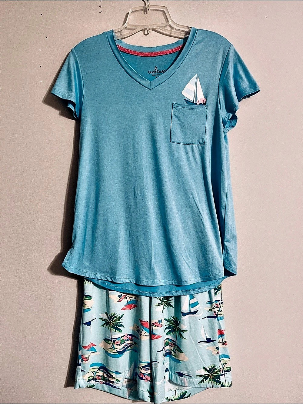 Cuddl Duds Women’s 2pc Pajama Set Top & Shorts Size XS Sailboat Beach Palm Print